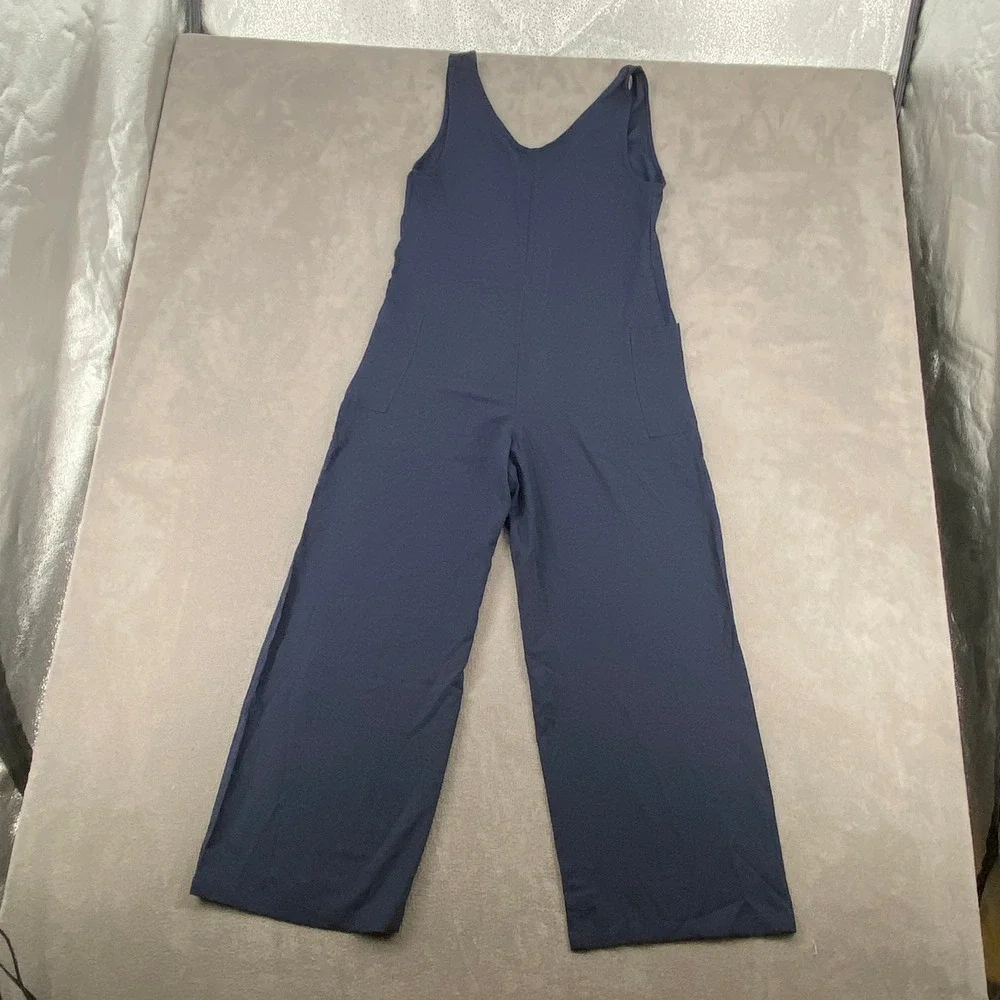 Navy Blue Wide Leg Sleeveless V-Neck Jumpsuit‎ with Pockets M1H143 Small